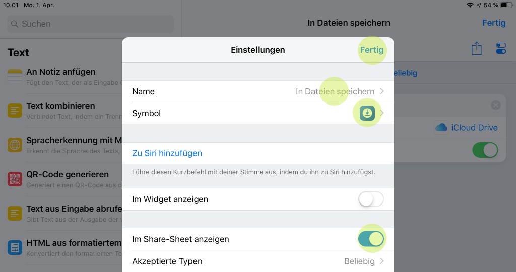 Screenshot für die Kurzbefehl Einstellungen in iOS 12 auf iPad