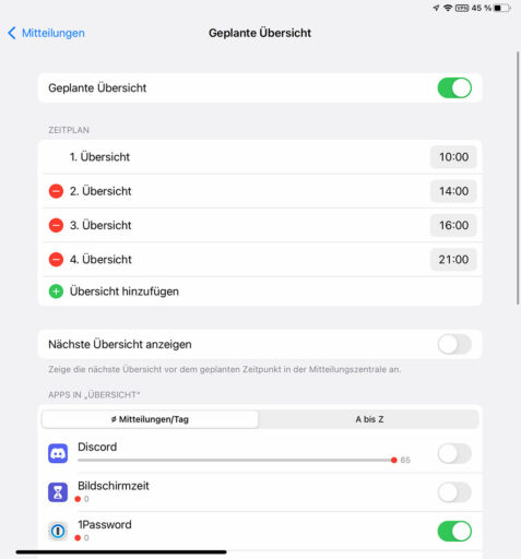 iPadOS 15 Einstellungen für geplante Mitteilungen