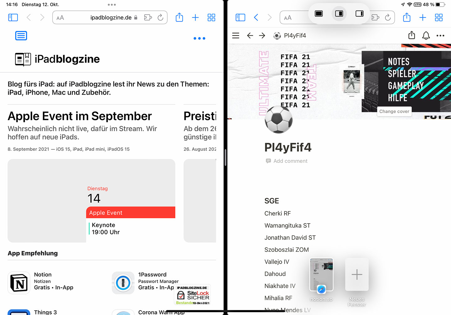 Fensteransichten in iPadOS 15 Multitaskingfunktion in Safari und Notion auf dem iPad