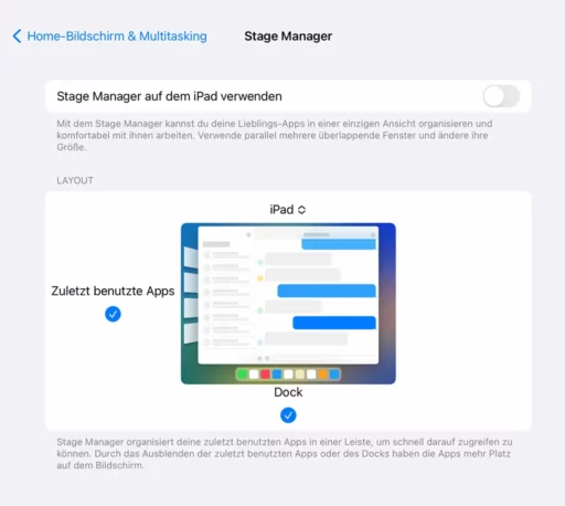 Stage Manager Einstellung in iPadOS 16.1