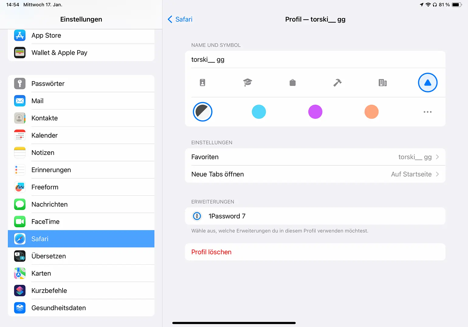 Profileinstellungen in Safari in iPadOS